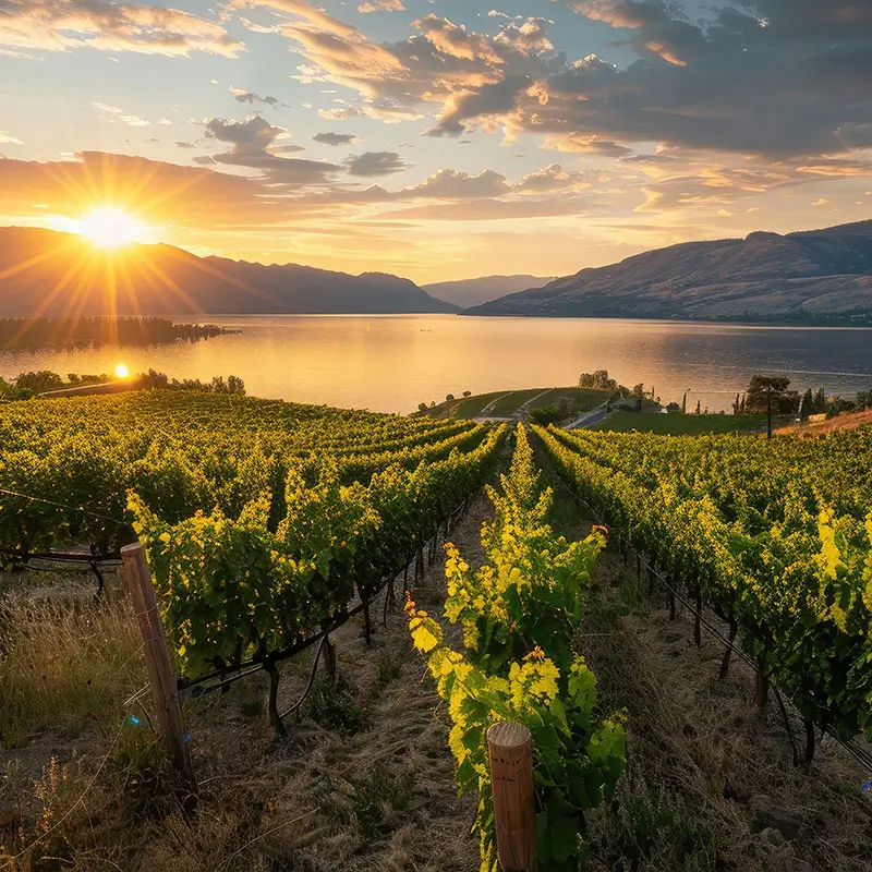 Sunset at Okanagan Lake vineyard